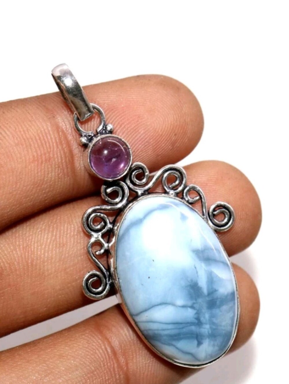 Owyhee Blue Opal, Amethyst Gemstone Jewelry 925 Sterling Silver Pendant Necklace